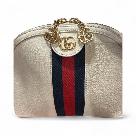 GUCCI Textured Dollar Calfskin Web Small Ophidia Dome Shoulder Bag Mystic White - Picture 10 of 14